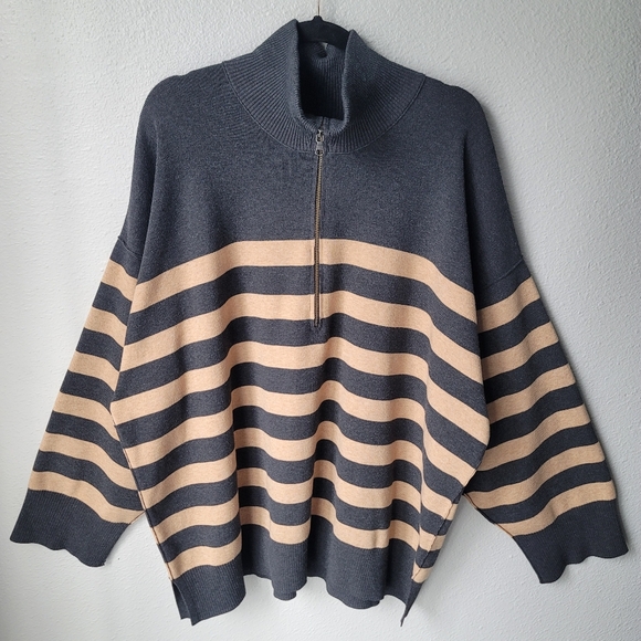 Free People Coastal Stripe Half Zip Pullover, Size Large, Carbon Camel Combo - Picture 2 of 10